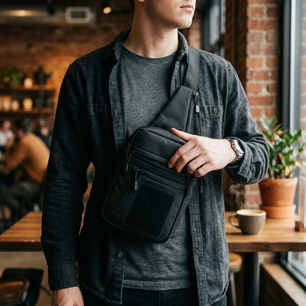 Person wearing the OmniFlint Dash crossbody sling bag across the chest in a cafe
