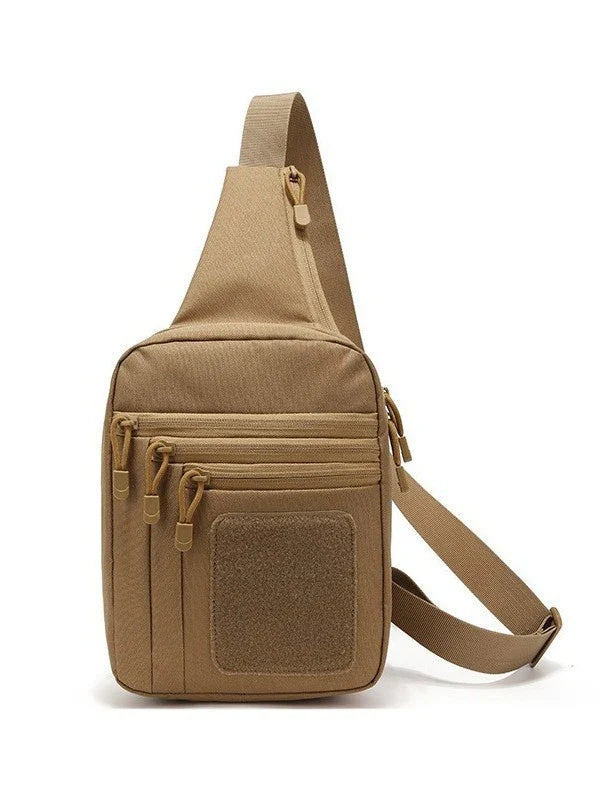 Back view of the OmniFlint Dash crossbody sling bag in Coyote, showing the adjustable strap