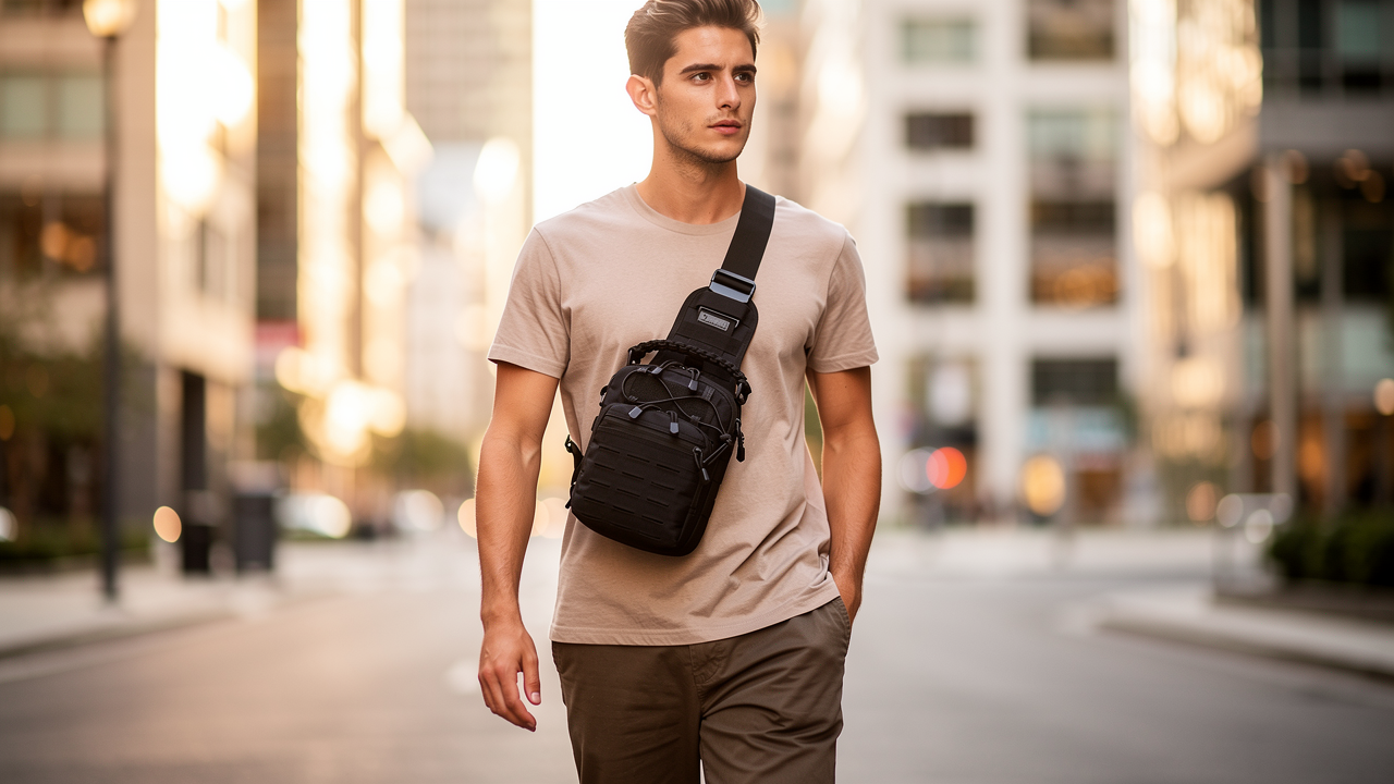 Man wearing OmniFlint black sling bag on a city street