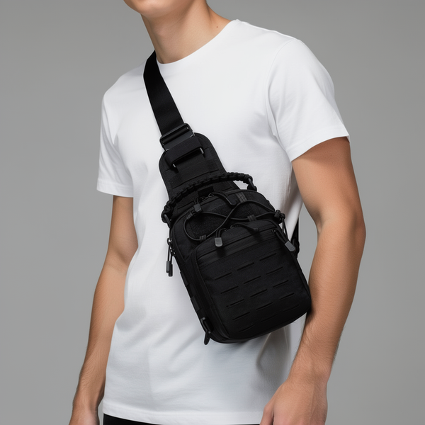 Person wearing the OmniFlint black water-repellent sling bag across the shoulder
