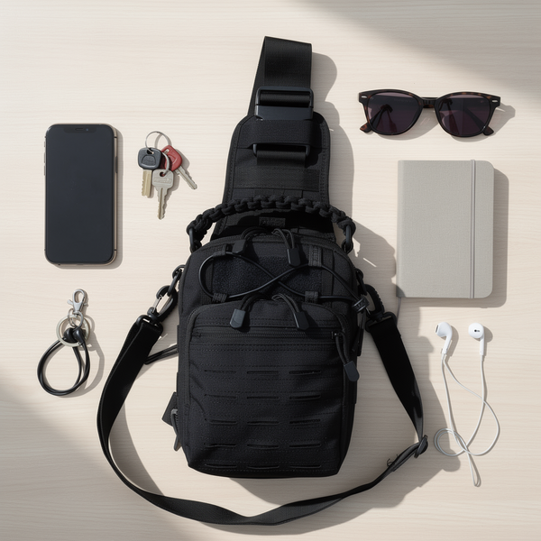 OmniFlint black water-repellent sling bag with phone, keys, sunglasses, journal and earphones laid out on a sand background
