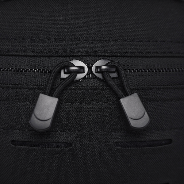 Close-up of the OmniFlint sling bag's dual water-repellent zipper detail